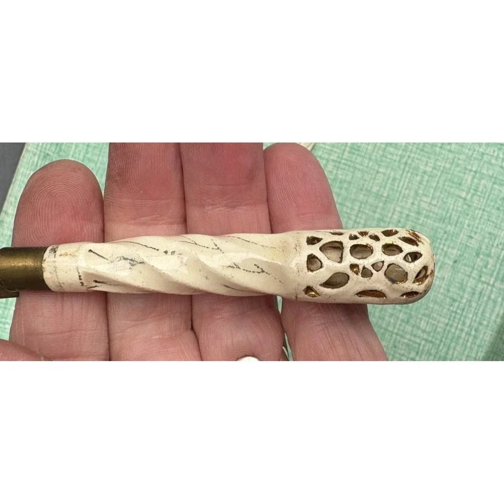 Vintage set of 6 bronze blade fruit knives Bohemia pierced porcelain handles